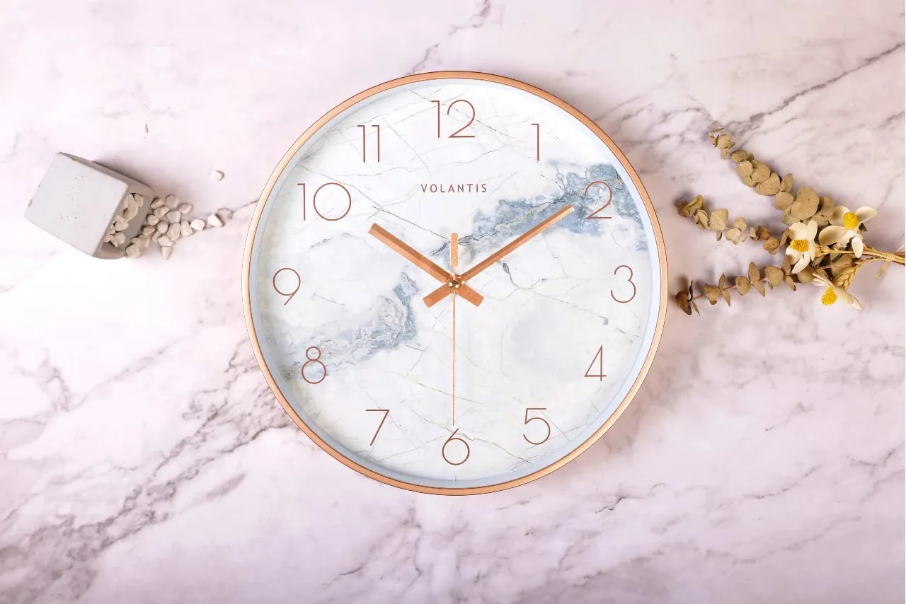 VOLANTIS Marble Style Wall Clock for Home, Living Room, Bedroom, Hall, Office Analog Stylish Silent Non-Ticking Clocks (White Marble) 30W x 5H Centimeters