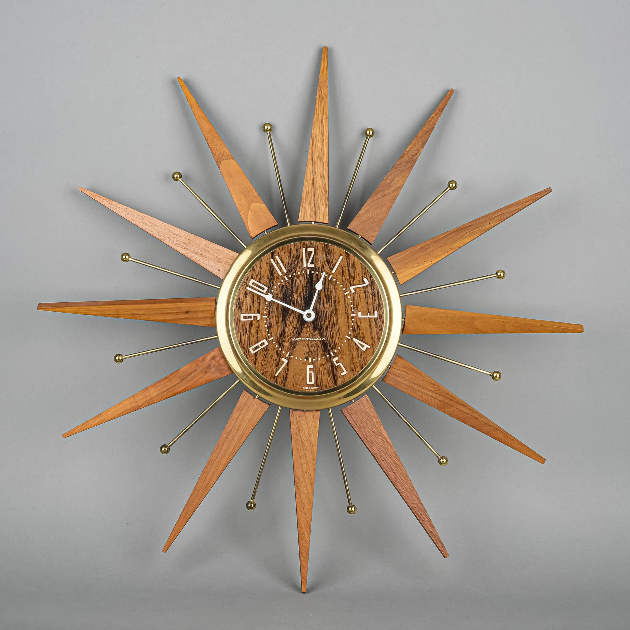 WESTCLOX Vintage Teak & Brass Plate Starburst Wall Clock