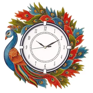 Wooden Antique Wall Clock Peacock Handpainted for Home Decor Stylish Round Shape Handmade Vintage Clocks