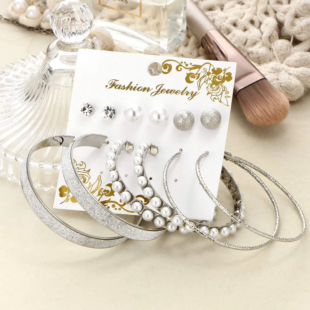 Yellow Chimes 6 Pair Assorted Multiple Stud Earrings Big Hoop Tassel Drop Pearl Earrings for Women and Girls (Silver Hoops & Studs)