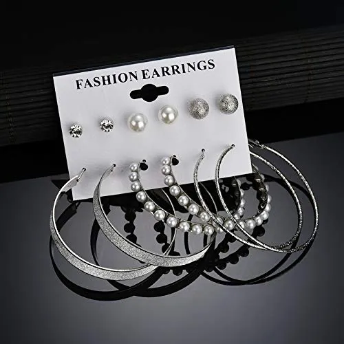 Yellow Chimes 6 Pair Assorted Multiple Stud Earrings Big Hoop Tassel Drop Pearl Earrings for Women and Girls (Silver Hoops & Studs)