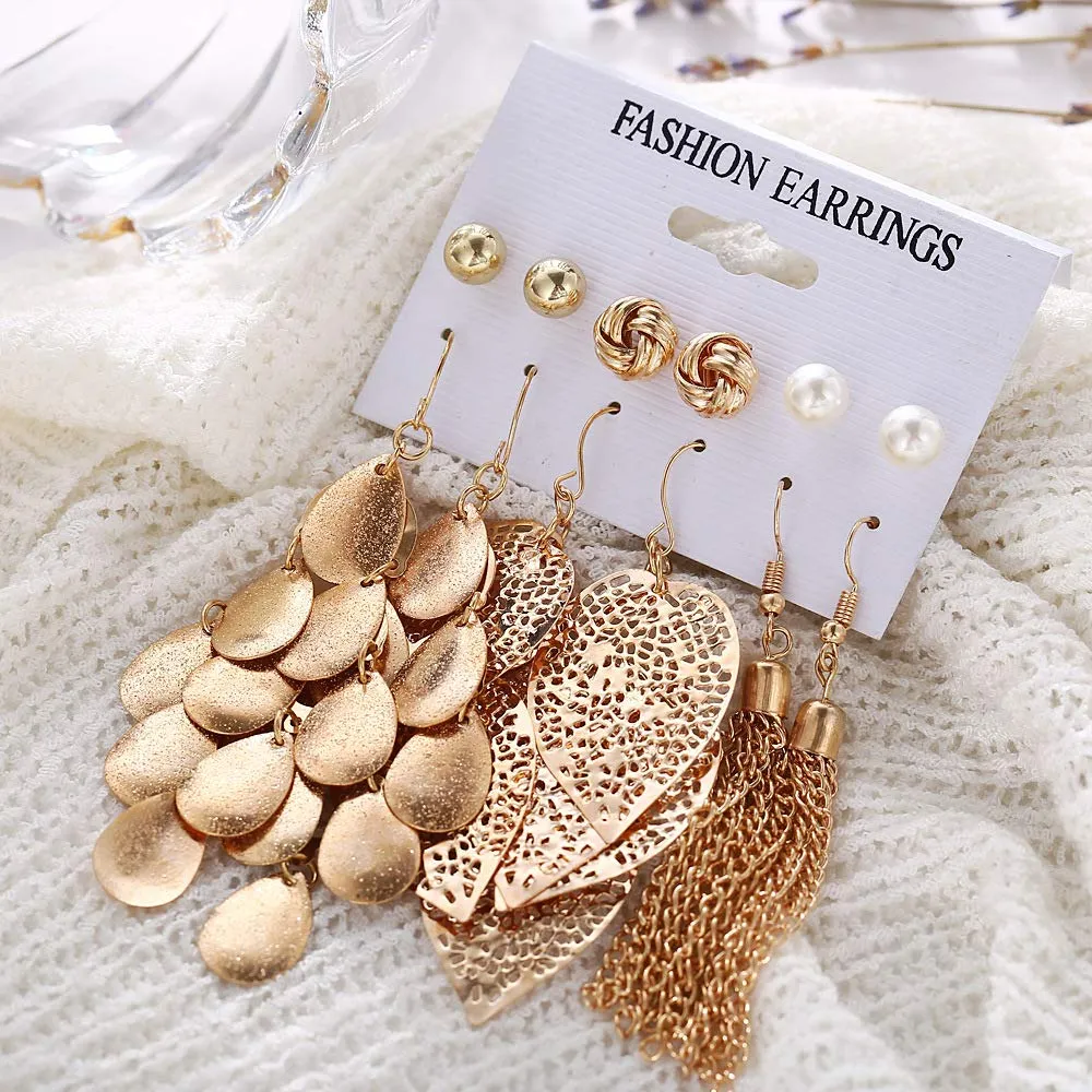 Yellow Chimes Dangler Earrings Set for Women 6 Pair Combo Golden Tassels and Studs Pearl Earrings Set for Women and Girls.