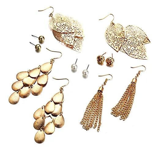 Yellow Chimes Dangler Earrings Set for Women 6 Pair Combo Golden Tassels and Studs Pearl Earrings Set for Women and Girls.