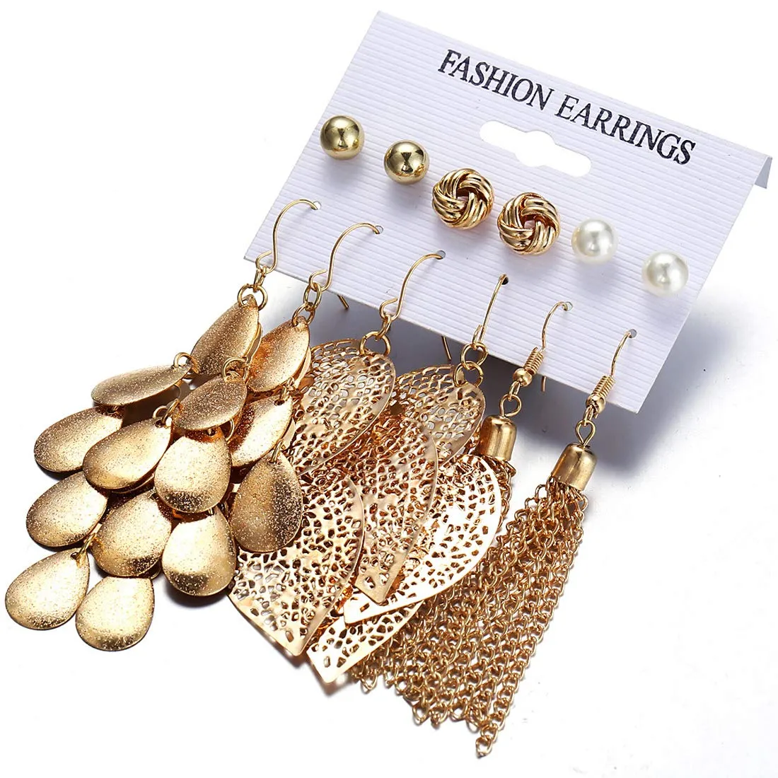 Yellow Chimes Dangler Earrings Set for Women 6 Pair Combo Golden Tassels and Studs Pearl Earrings Set for Women and Girls.