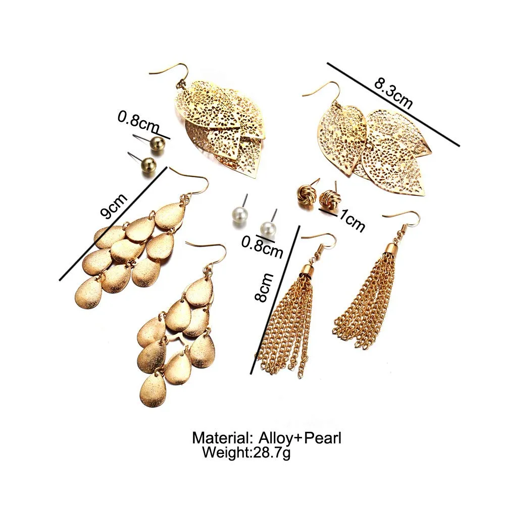 Yellow Chimes Dangler Earrings Set for Women 6 Pair Combo Golden Tassels and Studs Pearl Earrings Set for Women and Girls.