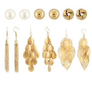 Yellow Chimes Dangler Earrings Set for Women 6 Pair Combo Golden Tassels and Studs Pearl Earrings Set for Women and Girls.